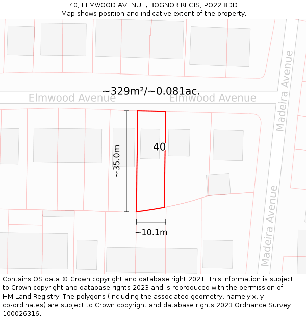 40, ELMWOOD AVENUE, BOGNOR REGIS, PO22 8DD: Plot and title map