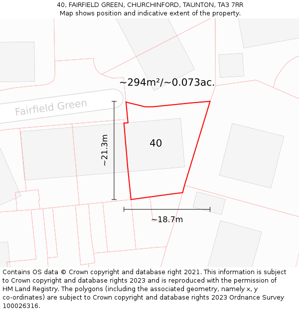 40, FAIRFIELD GREEN, CHURCHINFORD, TAUNTON, TA3 7RR: Plot and title map