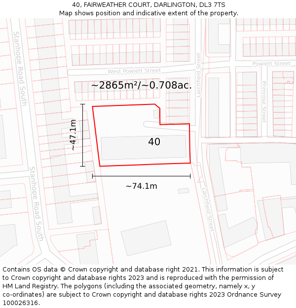 40, FAIRWEATHER COURT, DARLINGTON, DL3 7TS: Plot and title map