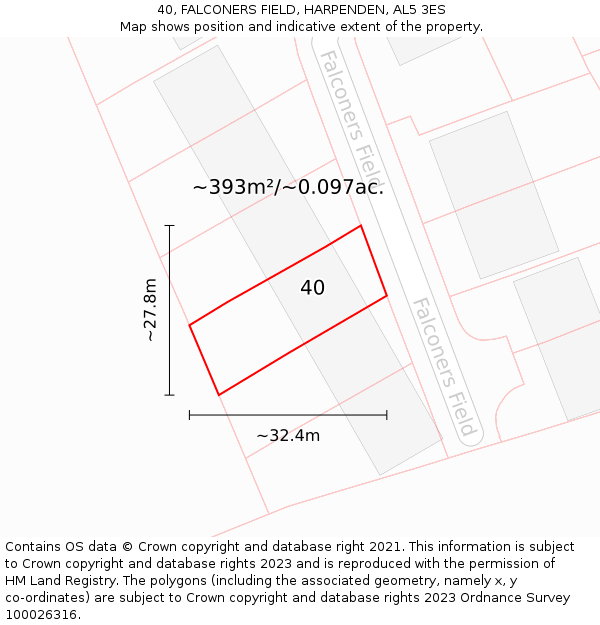 40, FALCONERS FIELD, HARPENDEN, AL5 3ES: Plot and title map