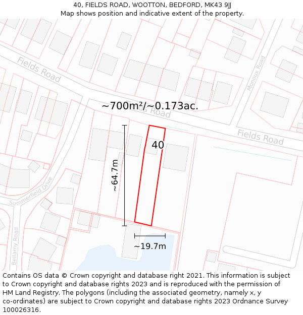 40, FIELDS ROAD, WOOTTON, BEDFORD, MK43 9JJ: Plot and title map