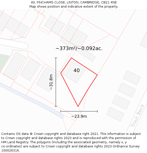 40, FINCHAMS CLOSE, LINTON, CAMBRIDGE, CB21 4NE: Plot and title map