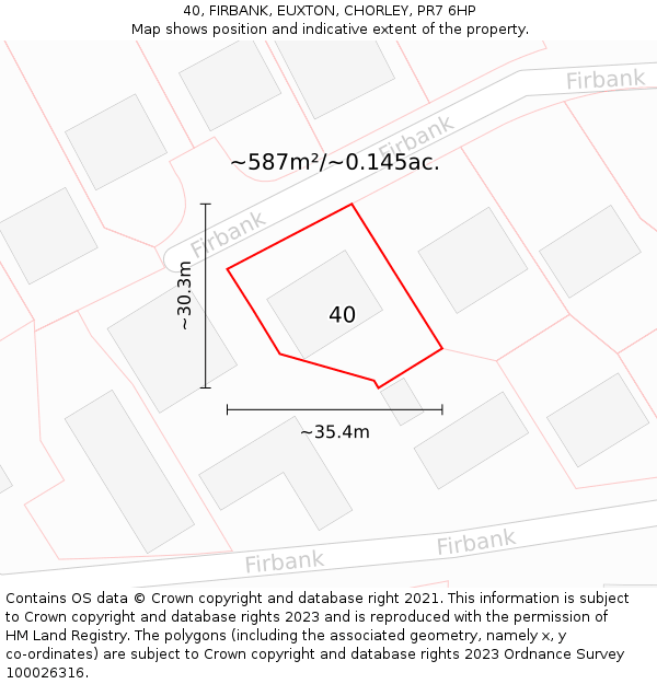 40, FIRBANK, EUXTON, CHORLEY, PR7 6HP: Plot and title map