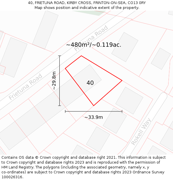 40, FRIETUNA ROAD, KIRBY CROSS, FRINTON-ON-SEA, CO13 0RY: Plot and title map