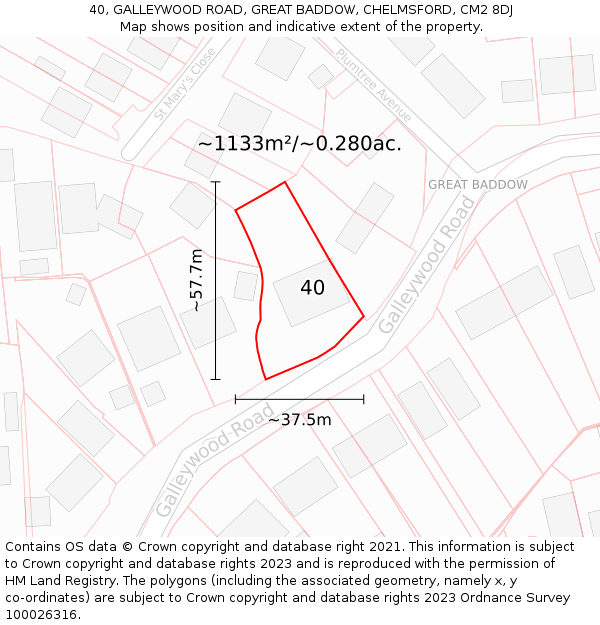 40, GALLEYWOOD ROAD, GREAT BADDOW, CHELMSFORD, CM2 8DJ: Plot and title map