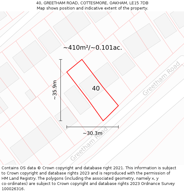 40, GREETHAM ROAD, COTTESMORE, OAKHAM, LE15 7DB: Plot and title map