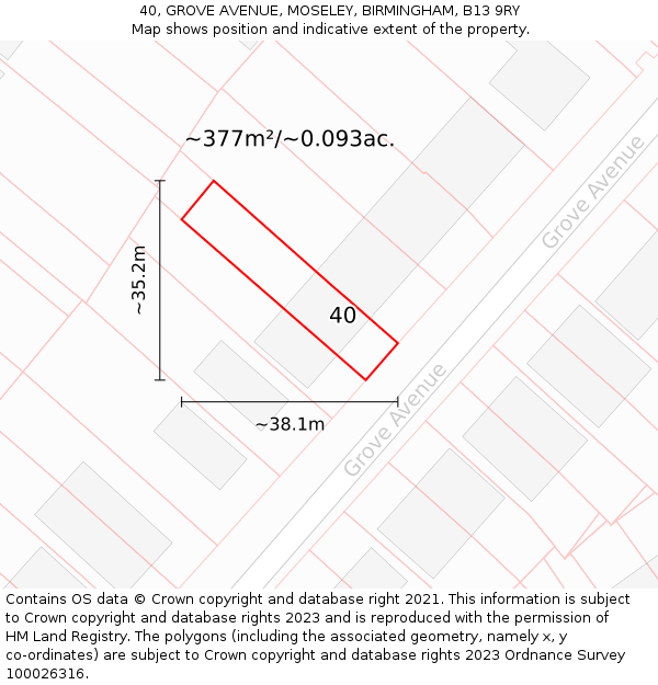 40, GROVE AVENUE, MOSELEY, BIRMINGHAM, B13 9RY: Plot and title map