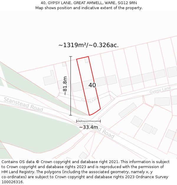 40, GYPSY LANE, GREAT AMWELL, WARE, SG12 9RN: Plot and title map