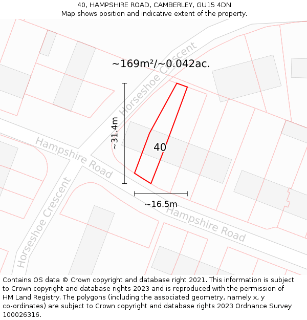 40, HAMPSHIRE ROAD, CAMBERLEY, GU15 4DN: Plot and title map