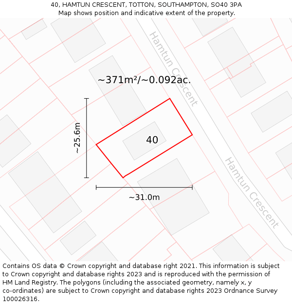 40, HAMTUN CRESCENT, TOTTON, SOUTHAMPTON, SO40 3PA: Plot and title map