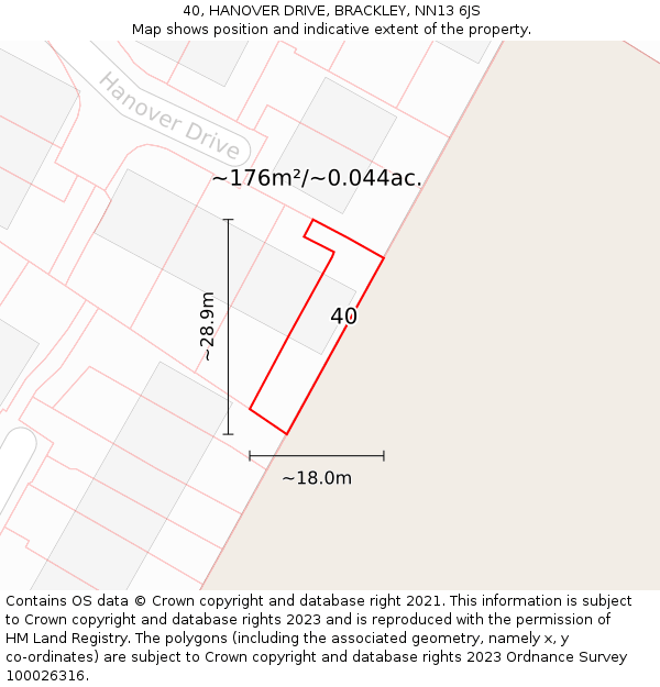 40, HANOVER DRIVE, BRACKLEY, NN13 6JS: Plot and title map