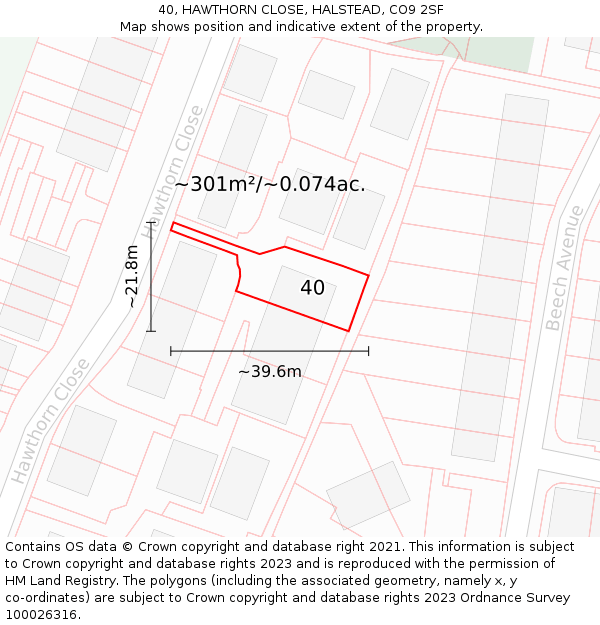 40, HAWTHORN CLOSE, HALSTEAD, CO9 2SF: Plot and title map