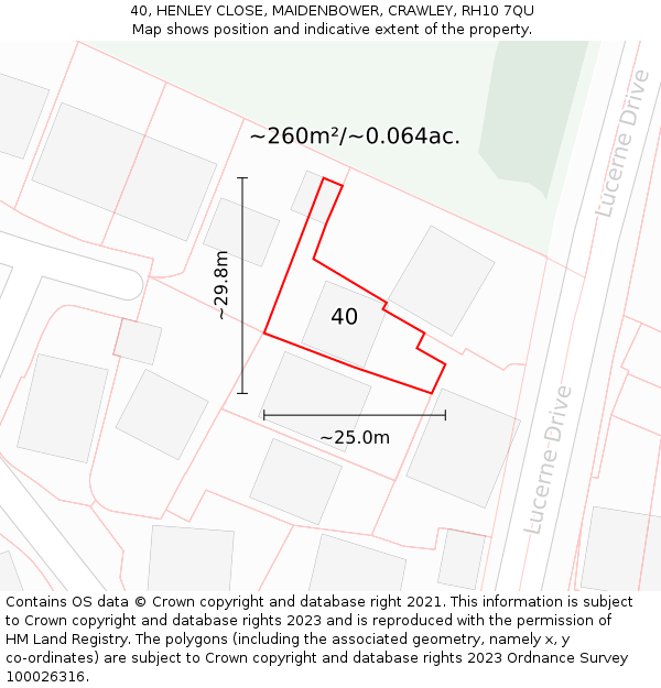 40, HENLEY CLOSE, MAIDENBOWER, CRAWLEY, RH10 7QU: Plot and title map