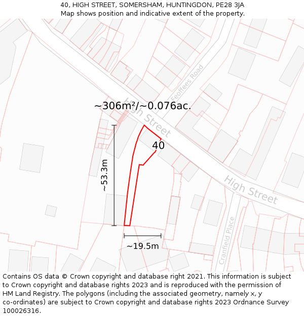 40, HIGH STREET, SOMERSHAM, HUNTINGDON, PE28 3JA: Plot and title map