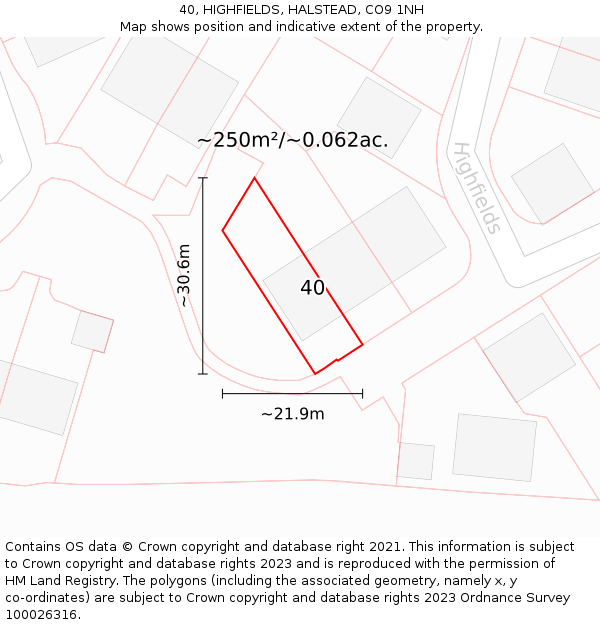 40, HIGHFIELDS, HALSTEAD, CO9 1NH: Plot and title map