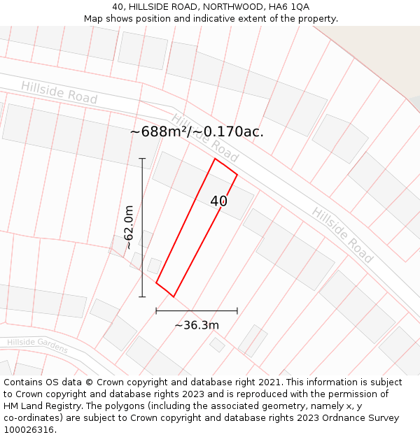 40, HILLSIDE ROAD, NORTHWOOD, HA6 1QA: Plot and title map