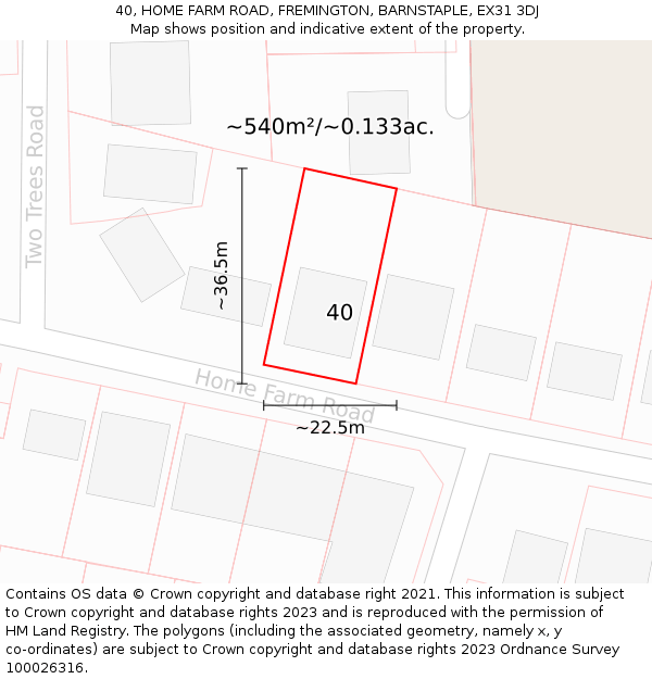 40, HOME FARM ROAD, FREMINGTON, BARNSTAPLE, EX31 3DJ: Plot and title map