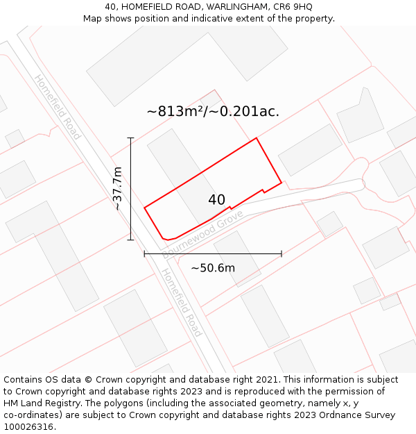 40, HOMEFIELD ROAD, WARLINGHAM, CR6 9HQ: Plot and title map