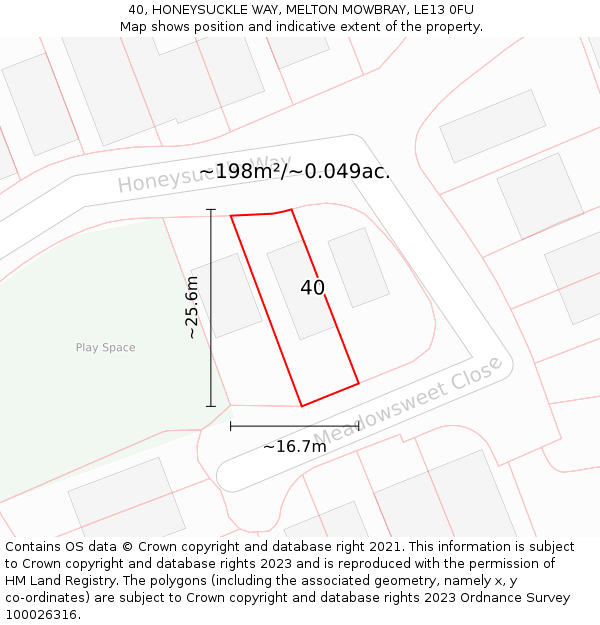 40, HONEYSUCKLE WAY, MELTON MOWBRAY, LE13 0FU: Plot and title map