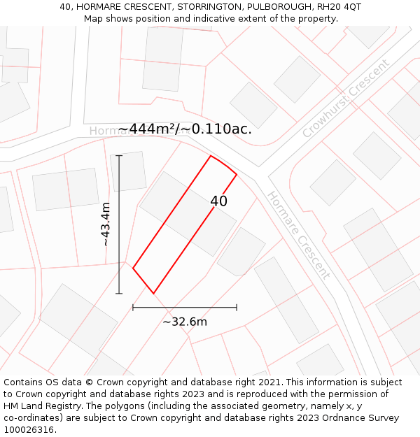 40, HORMARE CRESCENT, STORRINGTON, PULBOROUGH, RH20 4QT: Plot and title map