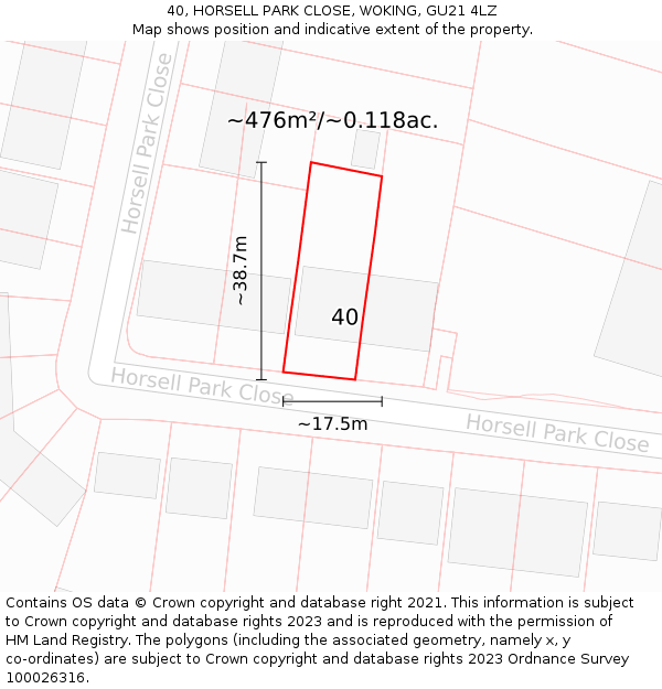 40, HORSELL PARK CLOSE, WOKING, GU21 4LZ: Plot and title map