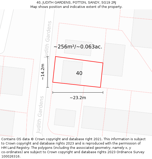 40, JUDITH GARDENS, POTTON, SANDY, SG19 2RJ: Plot and title map