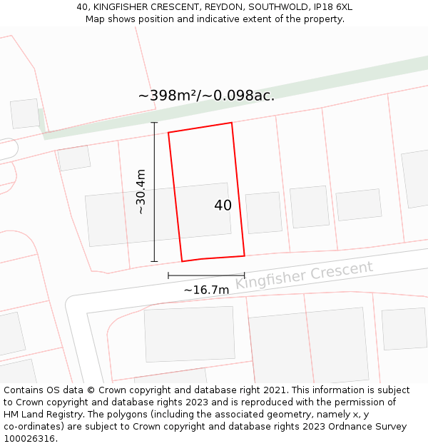 40, KINGFISHER CRESCENT, REYDON, SOUTHWOLD, IP18 6XL: Plot and title map