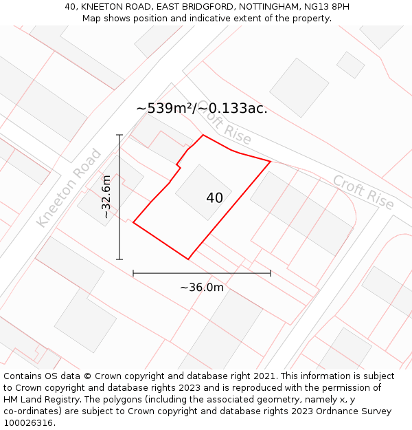 40, KNEETON ROAD, EAST BRIDGFORD, NOTTINGHAM, NG13 8PH: Plot and title map