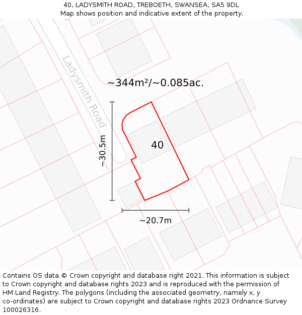 40, LADYSMITH ROAD, TREBOETH, SWANSEA, SA5 9DL: Plot and title map