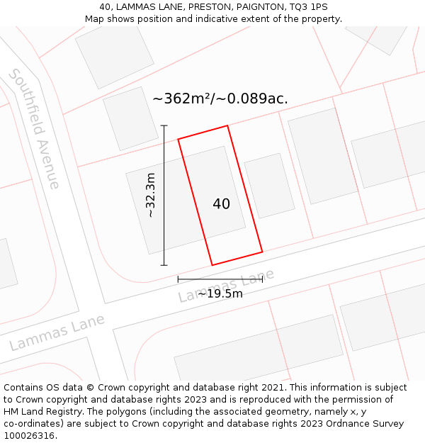 40, LAMMAS LANE, PRESTON, PAIGNTON, TQ3 1PS: Plot and title map