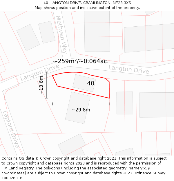 40, LANGTON DRIVE, CRAMLINGTON, NE23 3XS: Plot and title map