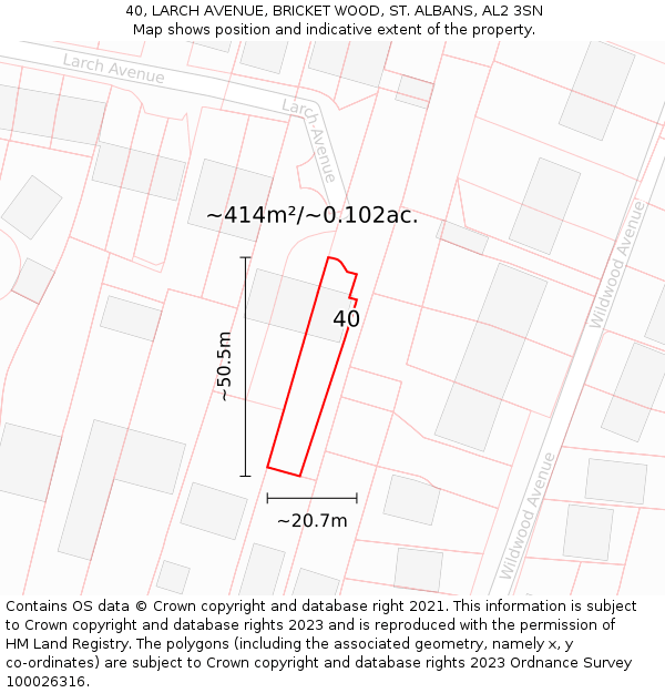 40, LARCH AVENUE, BRICKET WOOD, ST. ALBANS, AL2 3SN: Plot and title map