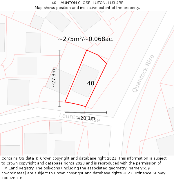 40, LAUNTON CLOSE, LUTON, LU3 4BF: Plot and title map