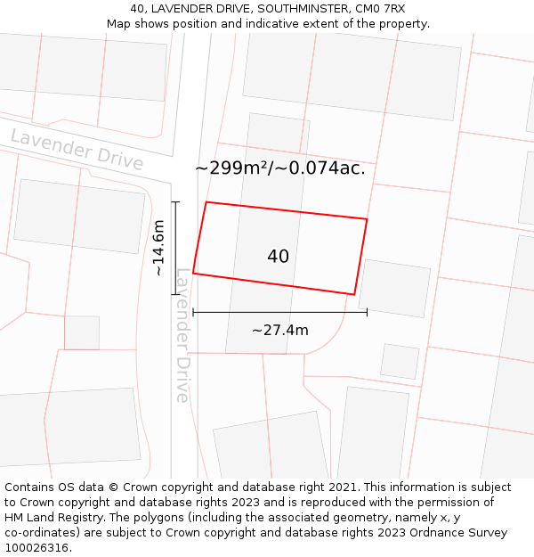 40, LAVENDER DRIVE, SOUTHMINSTER, CM0 7RX: Plot and title map