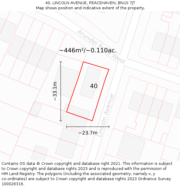 40, LINCOLN AVENUE, PEACEHAVEN, BN10 7JT: Plot and title map