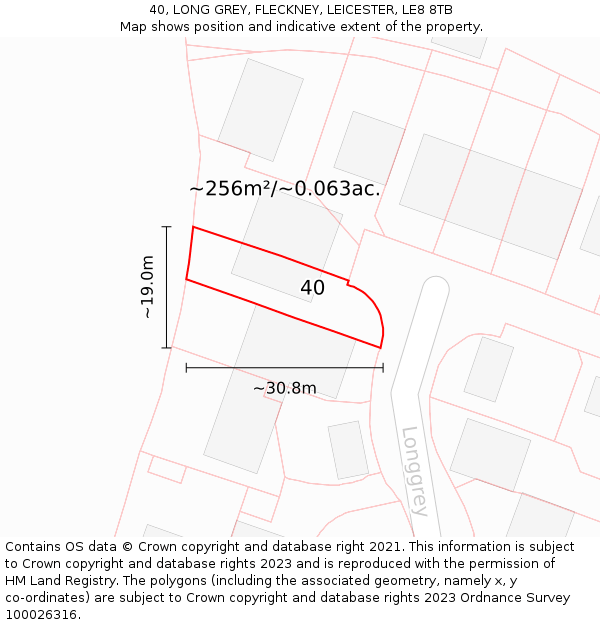 40, LONG GREY, FLECKNEY, LEICESTER, LE8 8TB: Plot and title map