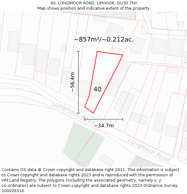 40, LONGMOOR ROAD, LIPHOOK, GU30 7NY: Plot and title map
