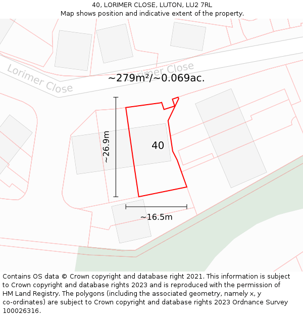 40, LORIMER CLOSE, LUTON, LU2 7RL: Plot and title map