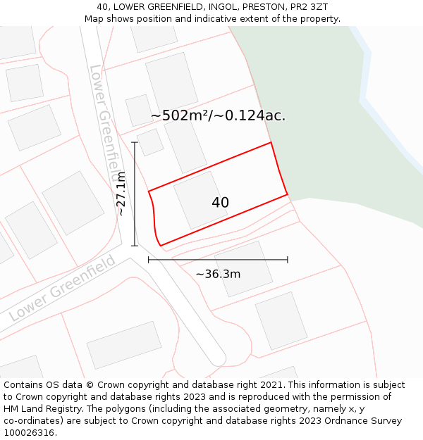 40, LOWER GREENFIELD, INGOL, PRESTON, PR2 3ZT: Plot and title map