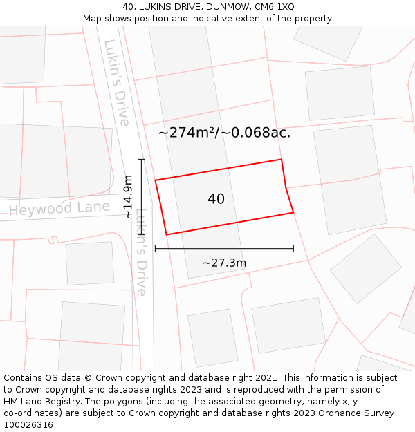 40, LUKINS DRIVE, DUNMOW, CM6 1XQ: Plot and title map