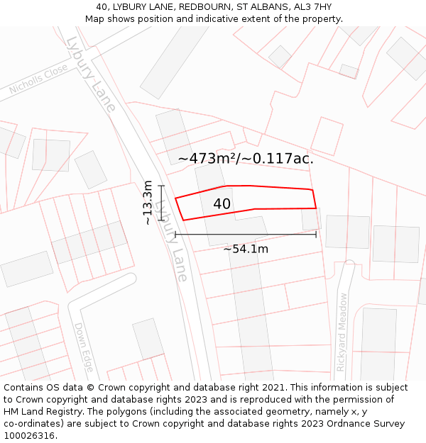 40, LYBURY LANE, REDBOURN, ST ALBANS, AL3 7HY: Plot and title map