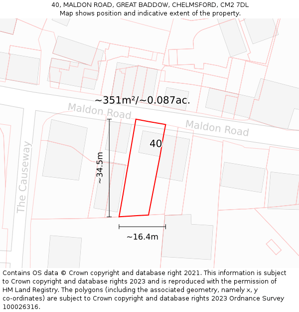 40, MALDON ROAD, GREAT BADDOW, CHELMSFORD, CM2 7DL: Plot and title map