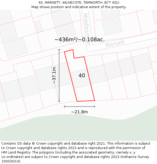 40, MARSETT, WILNECOTE, TAMWORTH, B77 4QU: Plot and title map