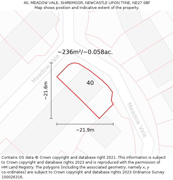 40, MEADOW VALE, SHIREMOOR, NEWCASTLE UPON TYNE, NE27 0BF: Plot and title map