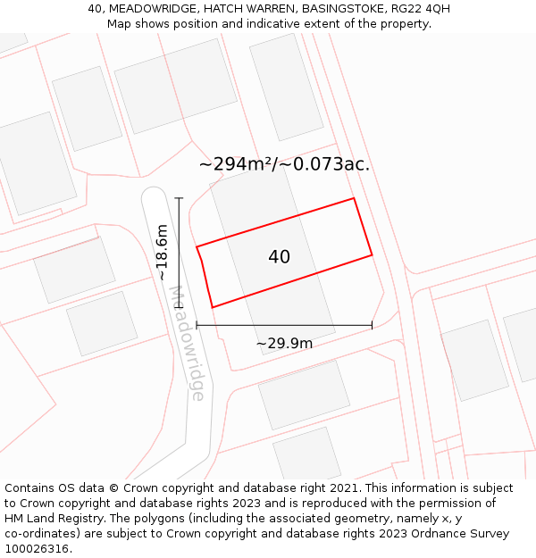 40, MEADOWRIDGE, HATCH WARREN, BASINGSTOKE, RG22 4QH: Plot and title map
