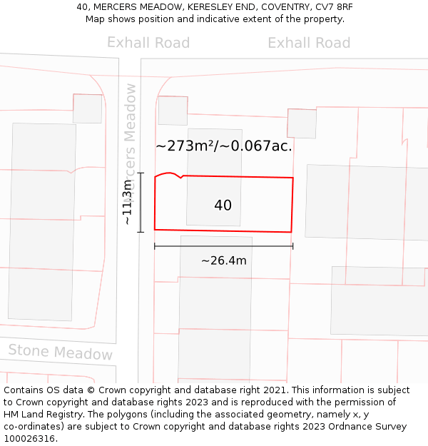 40, MERCERS MEADOW, KERESLEY END, COVENTRY, CV7 8RF: Plot and title map