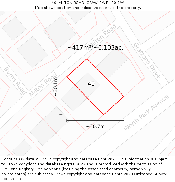 40, MILTON ROAD, CRAWLEY, RH10 3AY: Plot and title map