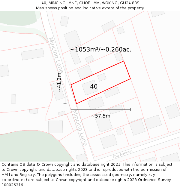 40, MINCING LANE, CHOBHAM, WOKING, GU24 8RS: Plot and title map