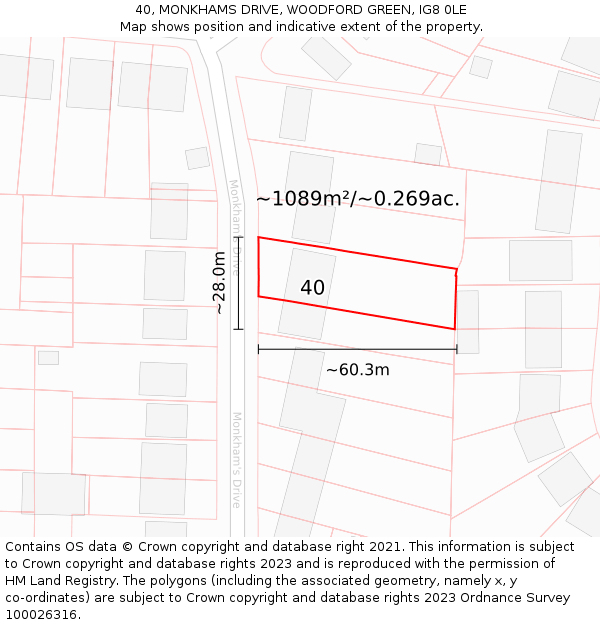 40, MONKHAMS DRIVE, WOODFORD GREEN, IG8 0LE: Plot and title map