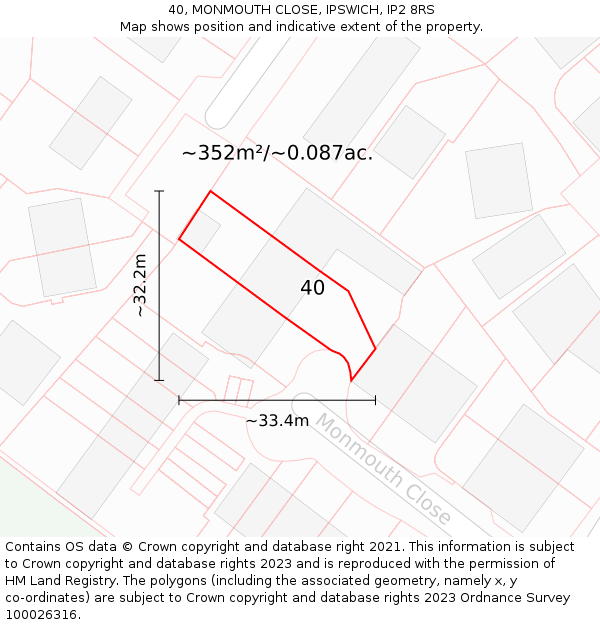 40, MONMOUTH CLOSE, IPSWICH, IP2 8RS: Plot and title map